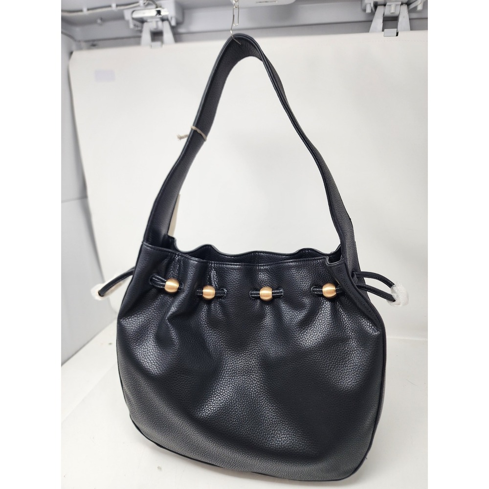 A New Day Black Pebbled‎ Faux Leather Hobo Shoulder Bag Gold Bead Accents NWT